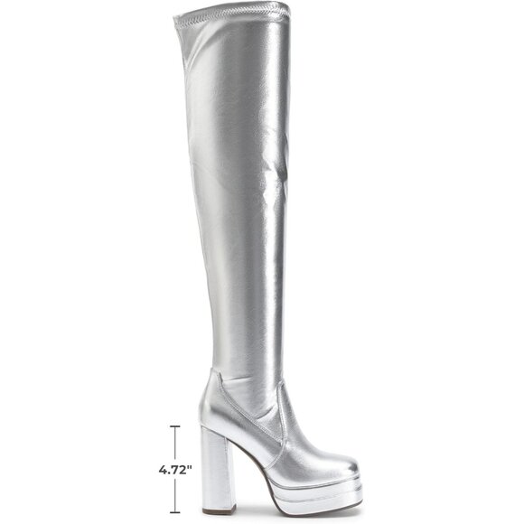 Women's Silver Polyurethane (PU) Square Toe Over The Knee Thigh High Boots - Picture 2 of 7